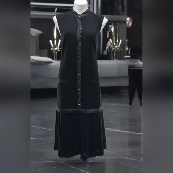 Iconic Fink Modell 1960s Black Satin Bow Tie Sleeveless Shift Dress Pleated Midi - Picture 7 of 12